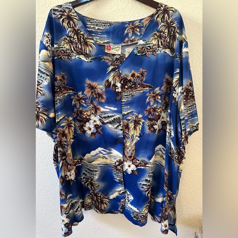 Hilo Hattie Mens Hawaiian Shirt Blue Ocean Print Ukulele Hibiscus Island SZ 4X